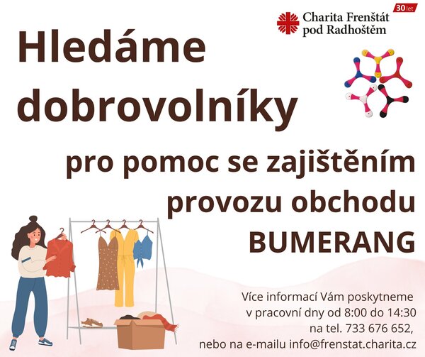 Hledáme dobrovolníky pro zajištění provozu obchodu BUMERANG
